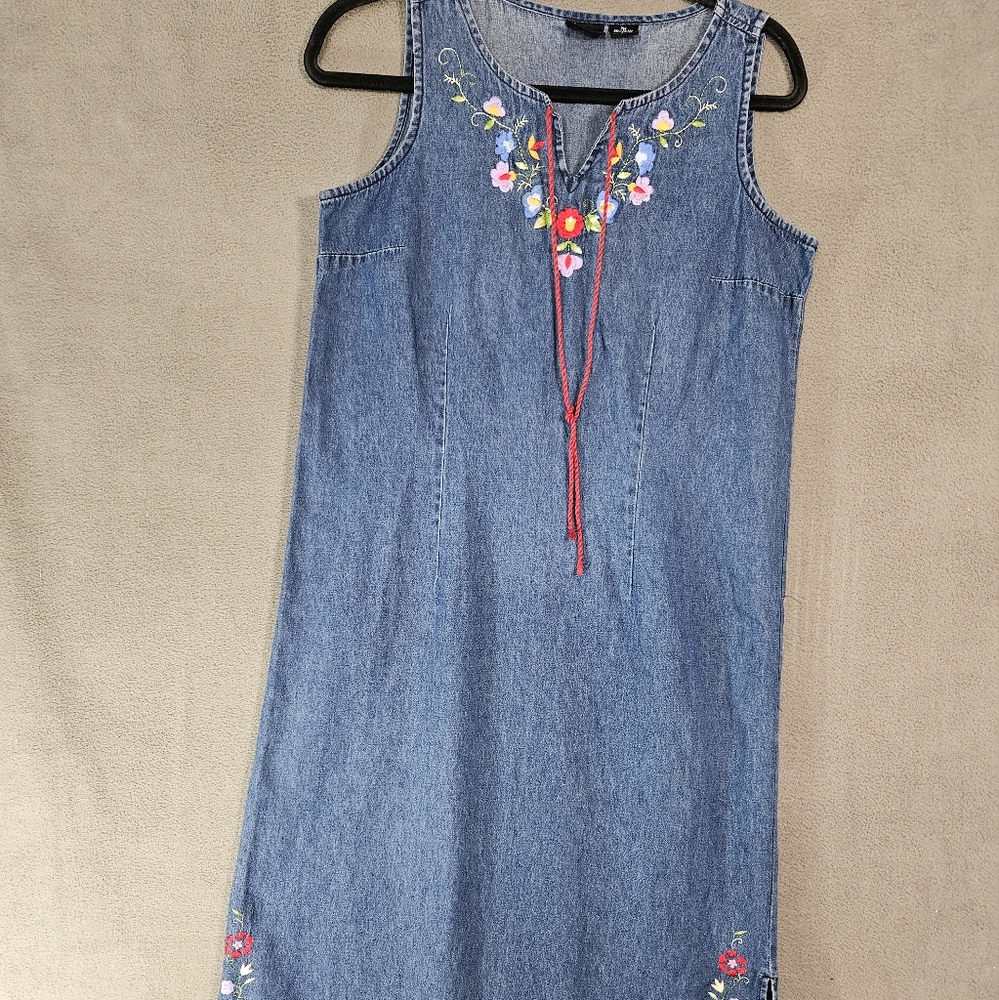 Vintage 90s Y2K Erika Petite PM Jean Maxi Dress Vneck Floral Embroidery Cottage